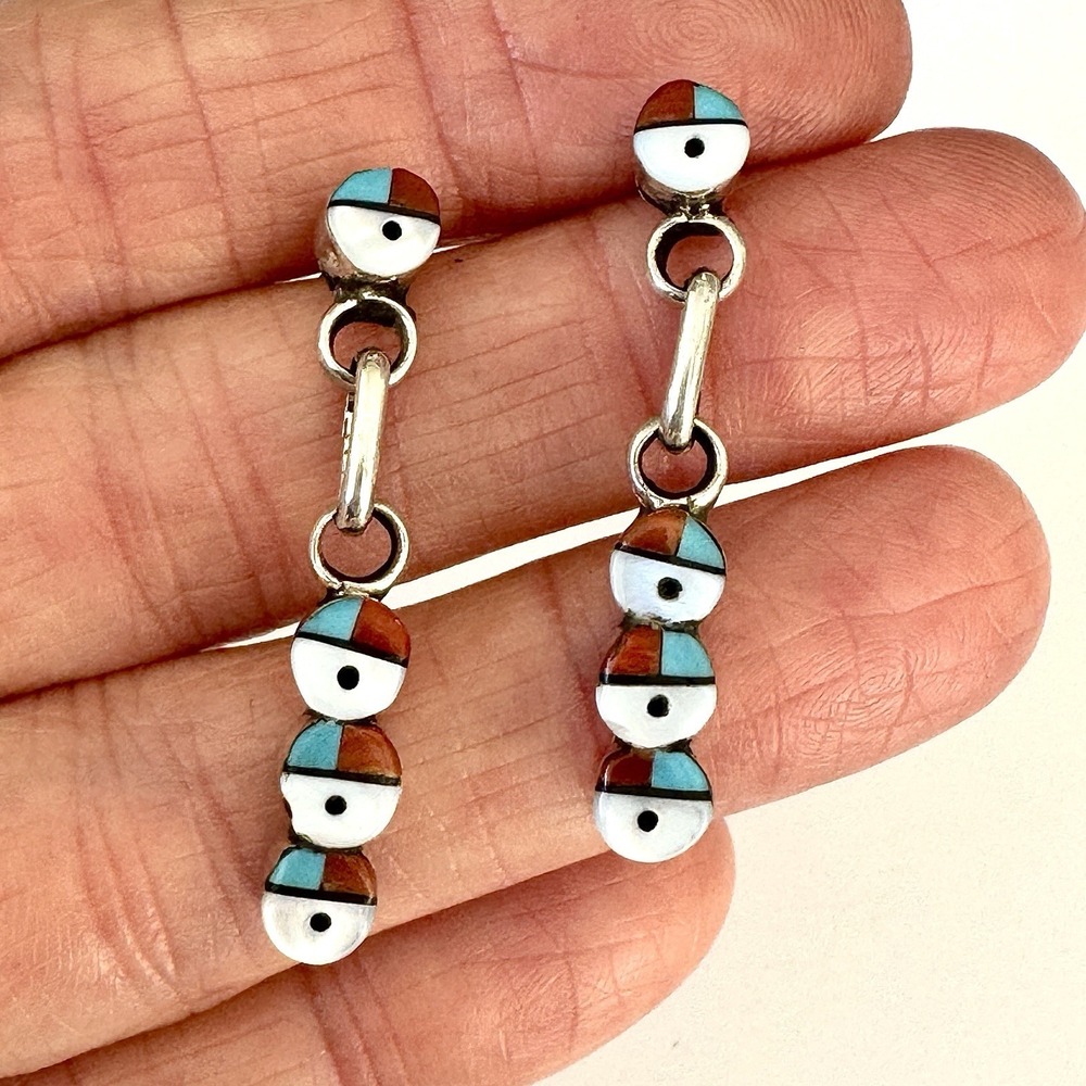 Zuni Sunface Stud Earrings Turquoise Post‎ Inlay 1" Sterling Signed Native Amer
